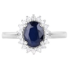 Blue Sapphire Ring With Diamonds 1.7 Carats 14K White Gold