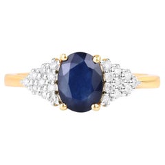 Bague en saphir bleu sertie de diamants, 1,7 carats, or jaune 14 carats