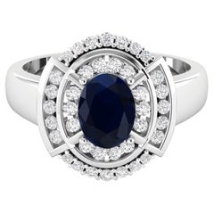 Blue Sapphire Ring With Diamonds 1.72 Carats 14K White Gold