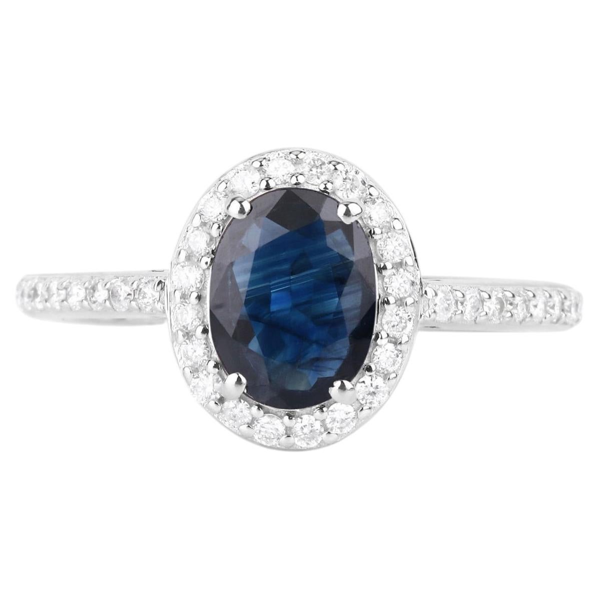 Blue Sapphire Ring With Diamonds 1.8 Carats 14K White Gold For Sale