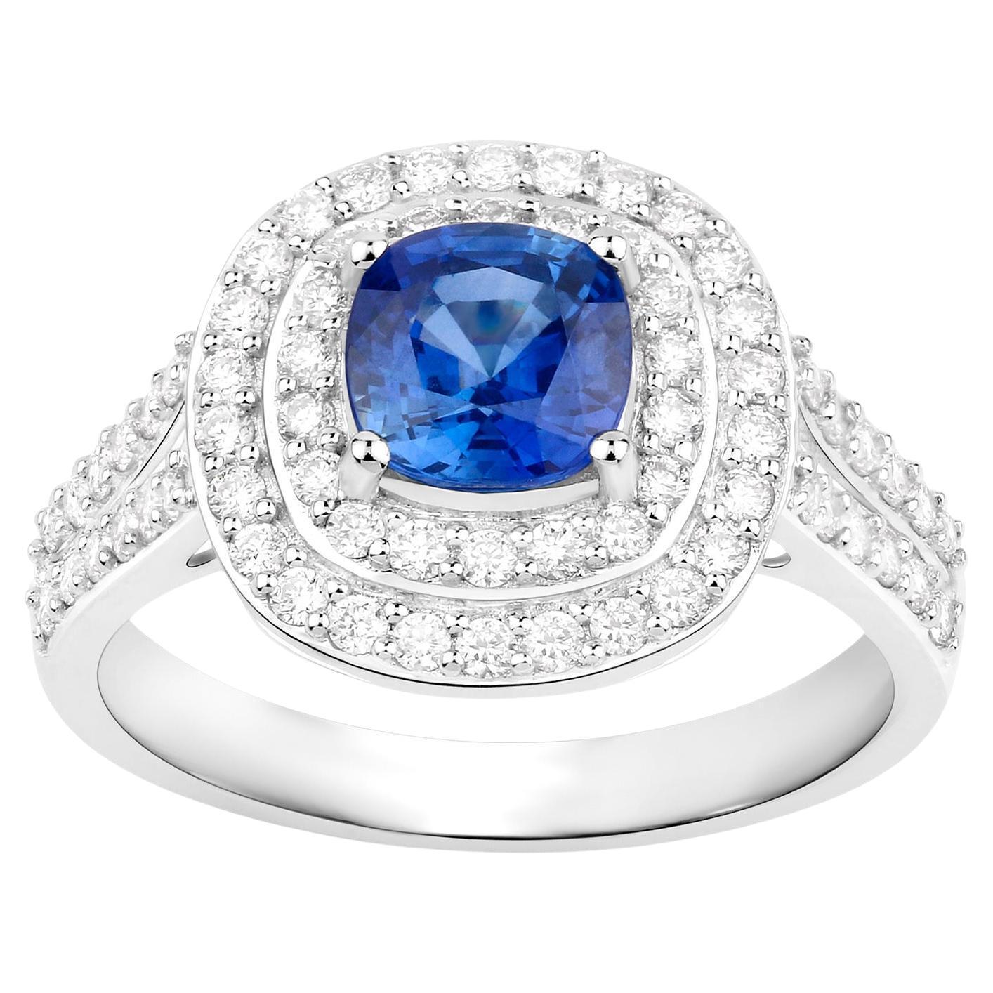 Blue Sapphire Ring With Diamonds 1.96 Carats 18K White Gold