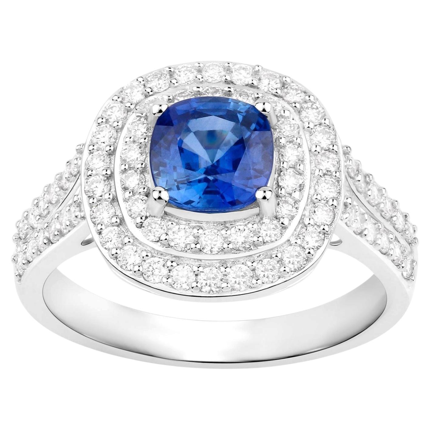 Blue Sapphire Ring With Diamonds 1.96 Carats 18K White Gold