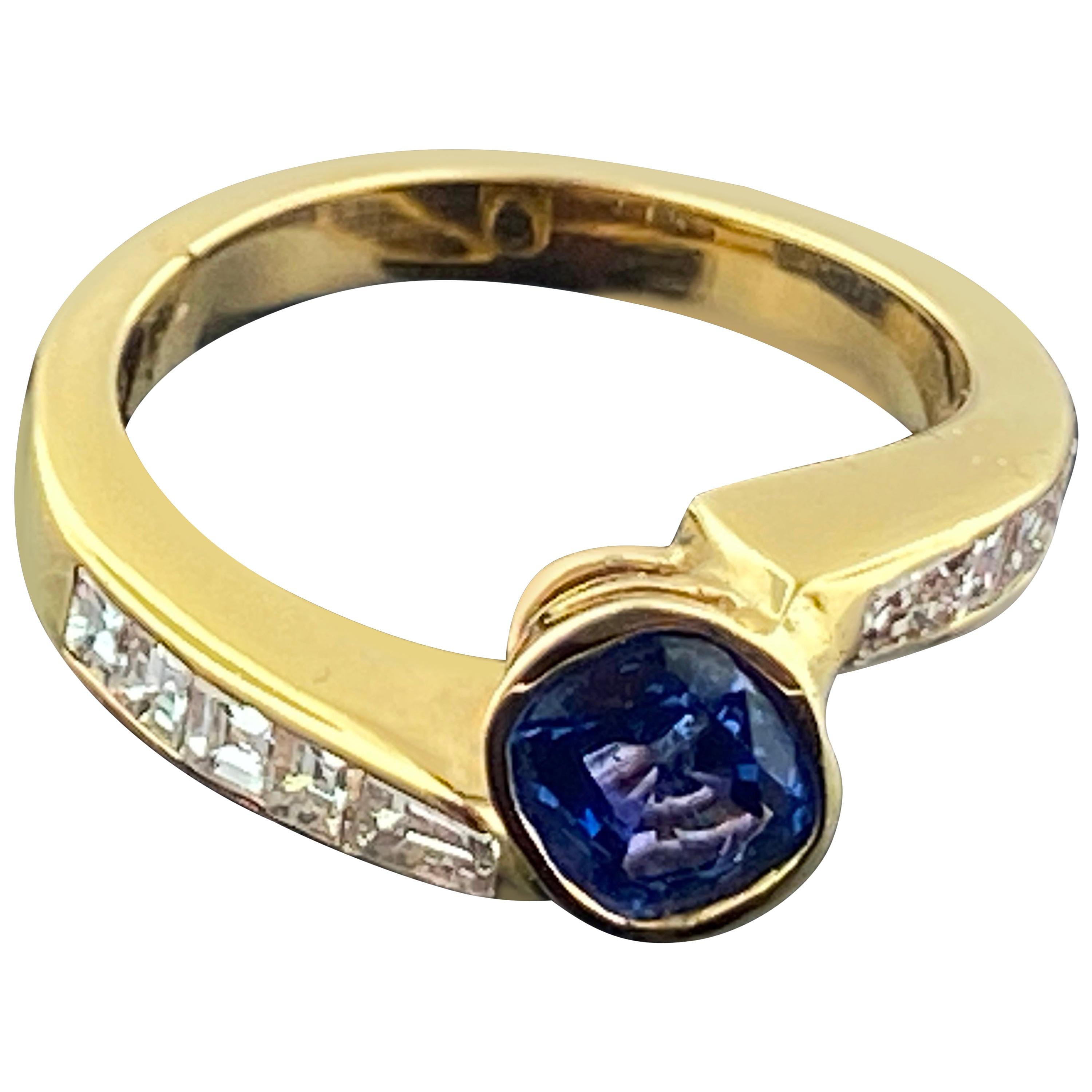Blue Sapphire Ring with Diamonds in 14 Karat Yellow Gold