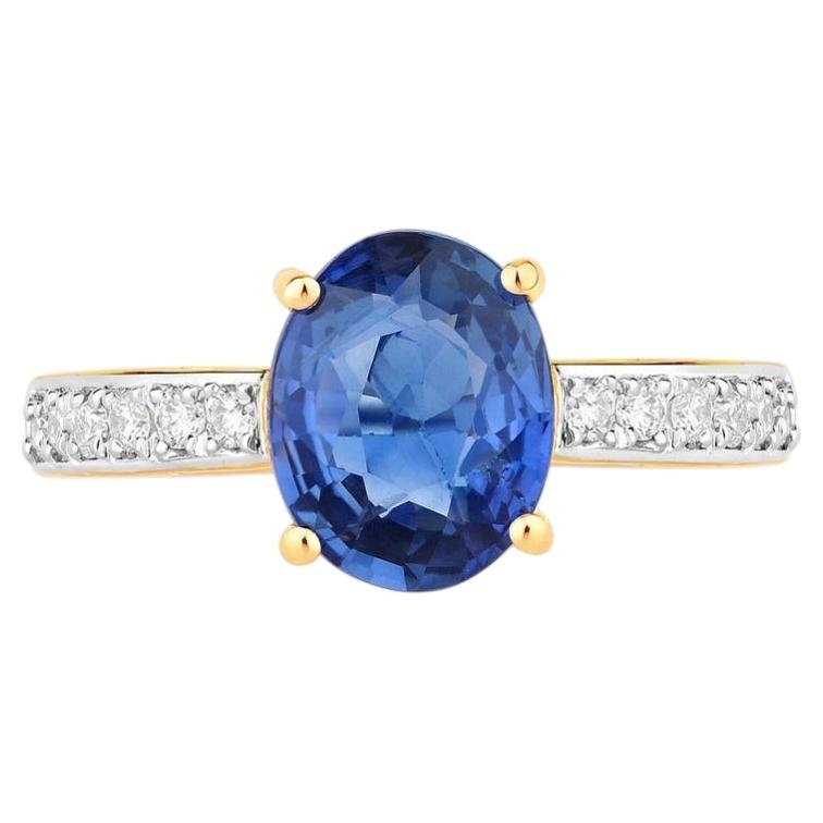 Bague en saphir bleu sertie de diamants, 2 carats, or jaune 18 carats