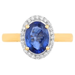Anello con zaffiro blu e diamanti, 2,14 carati, oro giallo 18 carati