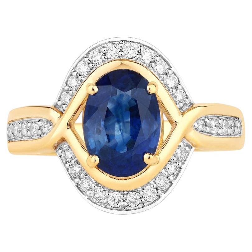 Bague en saphir bleu sertie de diamants, 2,33 carats, or jaune 18 carats