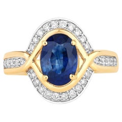 Bague en saphir bleu sertie de diamants, 2,33 carats, or jaune 18 carats
