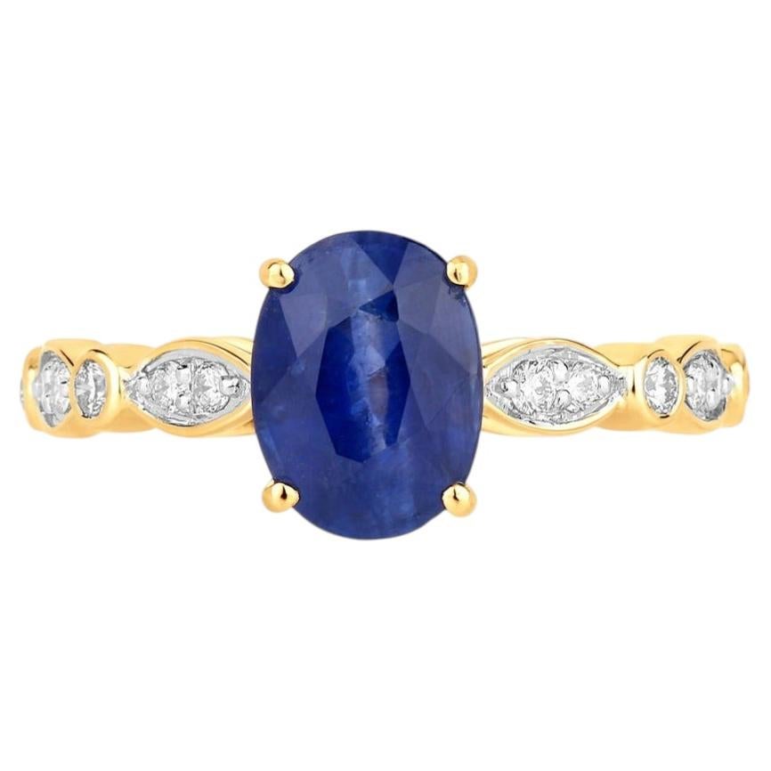 Bague en saphir bleu sertie de diamants, 2,42 carats, or jaune 18 carats