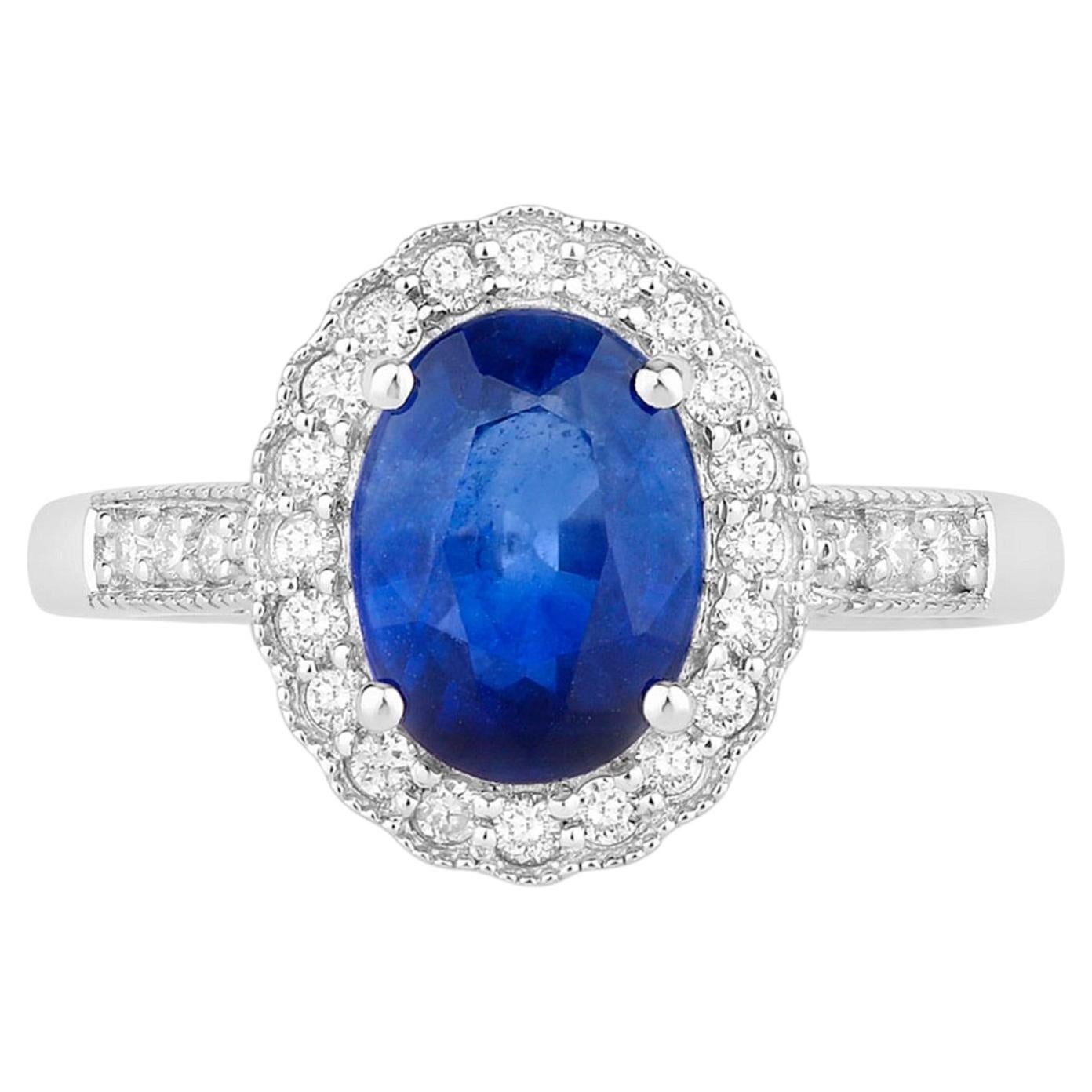 Blue Sapphire Ring With Diamonds 2.5 Carats 18K White Gold