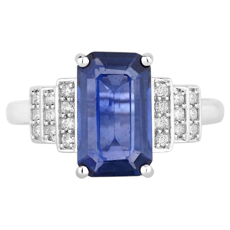 Blue Sapphire Ring With Diamonds 2.52 Carats 18K White Gold