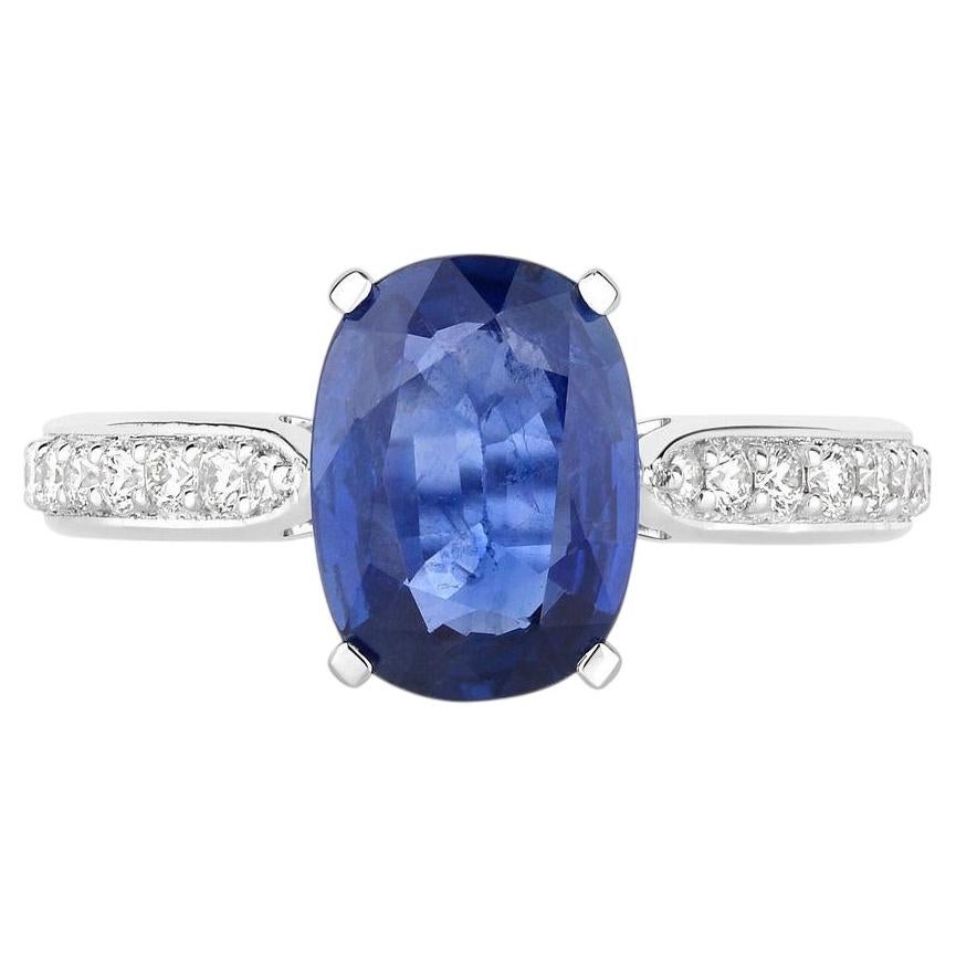 Blue Sapphire Ring With Diamonds 2.56 Carats 18K White Gold
