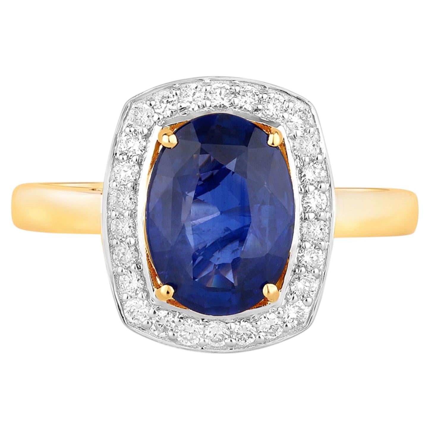 Bague en saphir bleu sertie de diamants, 2,64 carats, or jaune 18 carats