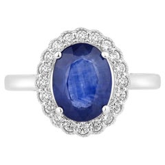 Blue Sapphire Ring With Diamonds 2.98 Carats 18K White Gold