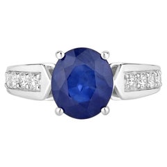 Blue Sapphire Ring With Diamonds 3 Carats 18K White Gold
