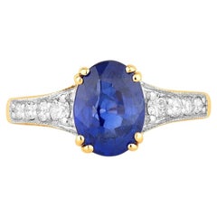 Blue Sapphire Ring With Diamonds 3 Carats 18K Yellow Gold