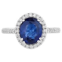 Blue Sapphire Ring With Diamonds 3.06 Carats 18K White Gold