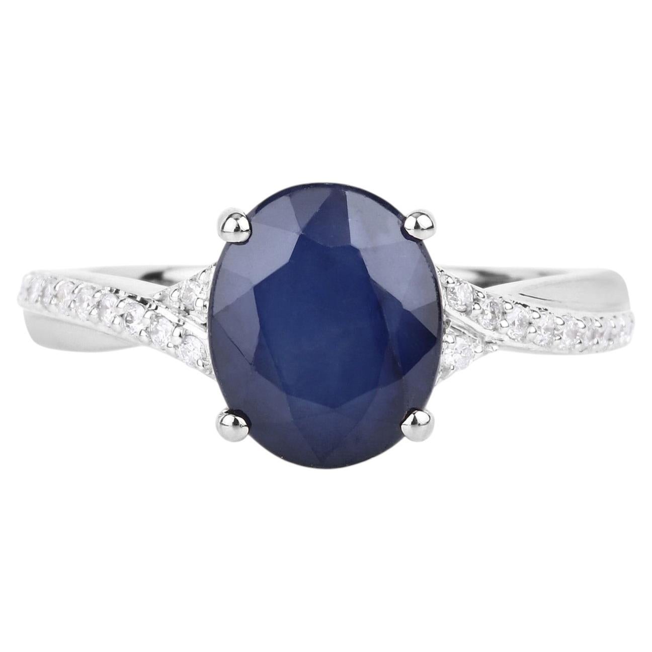 Anillo de zafiro azul con diamantes, 3,24 quilates, oro blanco de 14K
