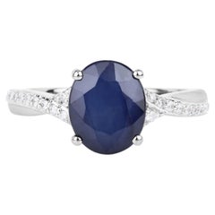 Blue Sapphire Ring With Diamonds 3.24 Carats 14K White Gold
