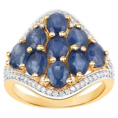 Blue Sapphire Ring With Diamonds 3.36 Carats Gold Plated Silver