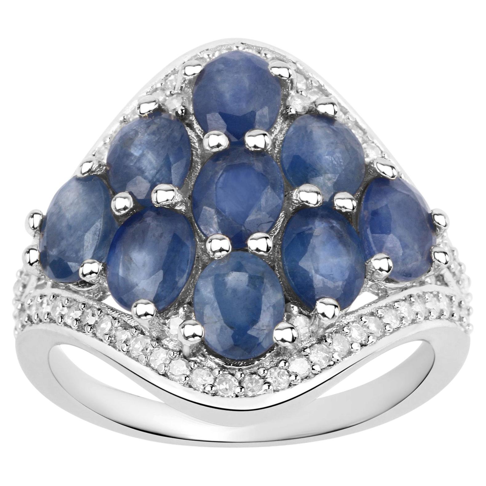 Blue Sapphire Ring With Diamonds 3.36 Carats Sterling Silver