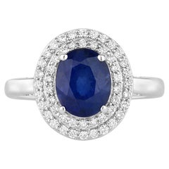 Blue Sapphire Ring With Diamonds 3.42 Carats 18K White Gold