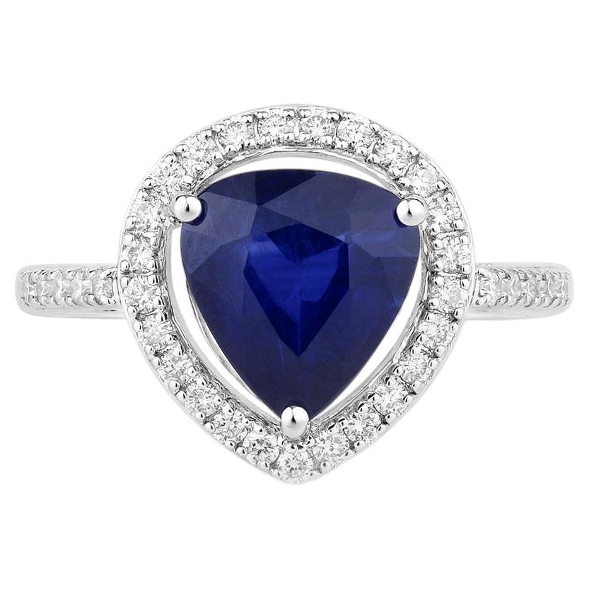 Blue Sapphire Ring With Diamonds 3.44 Carats 18K White Gold