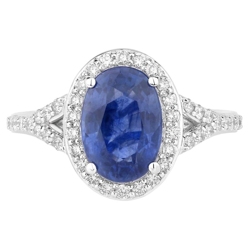 Blue Sapphire Ring With Diamonds 3.48 Carats 18K White Gold