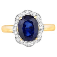 Bague en saphir bleu sertie de diamants, 3,54 carats, en or jaune 18 carats