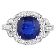 Blue Sapphire Ring With Diamonds 3.6 Carats 18K White Gold