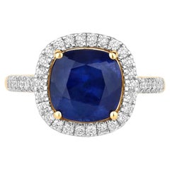 Blue Sapphire Ring With Diamonds 3.72 Carats 18K Yellow Gold