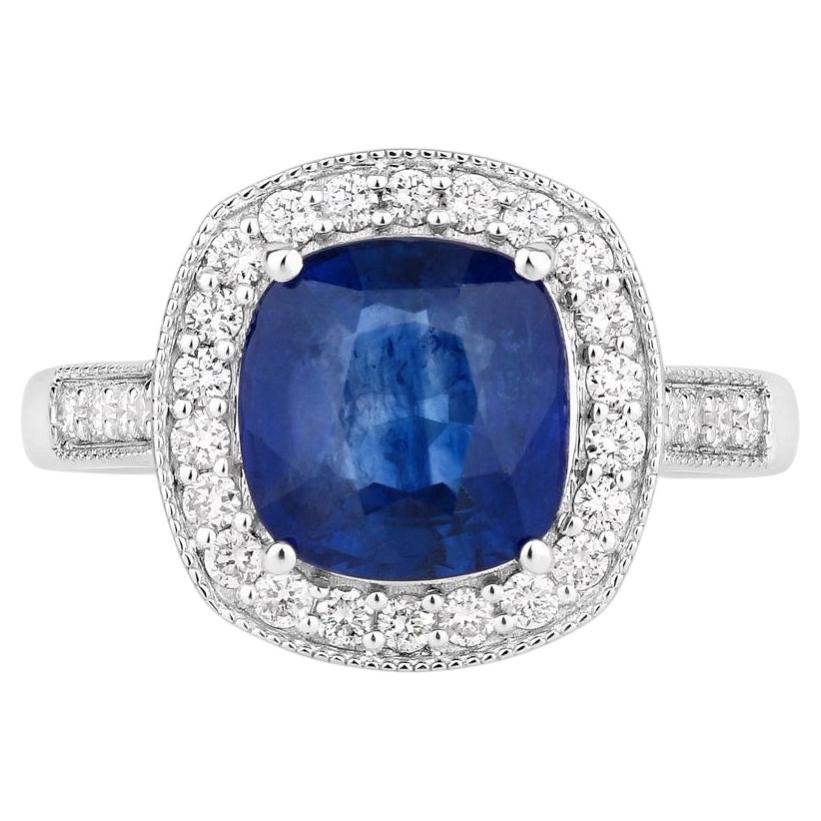 Blue Sapphire Ring With Diamonds 4 Carats 18K White Gold