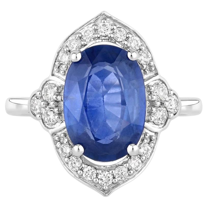 Blue Sapphire Ring With Diamonds 4.12 Carats 18K White Gold