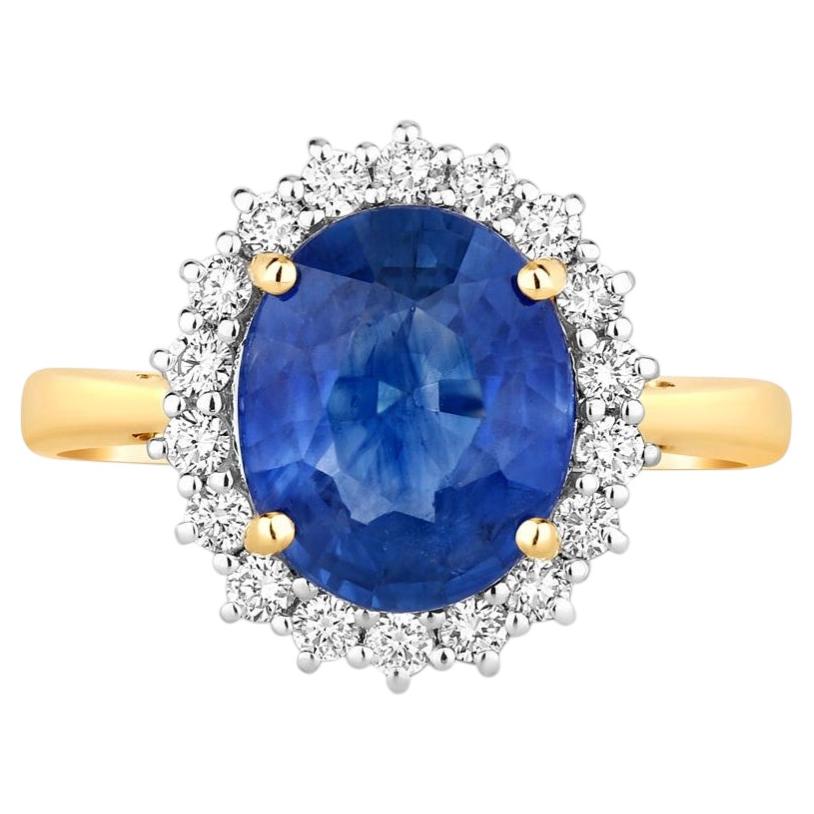 Anello con zaffiro blu e diamanti, 4,14 carati, oro giallo 18 carati