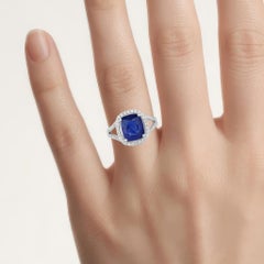 Anillo de zafiro azul con diamantes, 4,54 quilates, oro blanco de 18 quilates