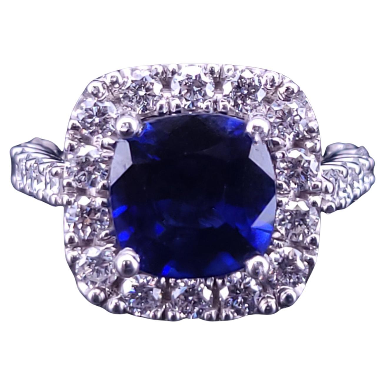 Bague unisexe en or blanc 14k saphir bleu avec diamants, 5.98ct