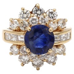 Blue Sapphire Ring with Round and Baguette Diamond Accents