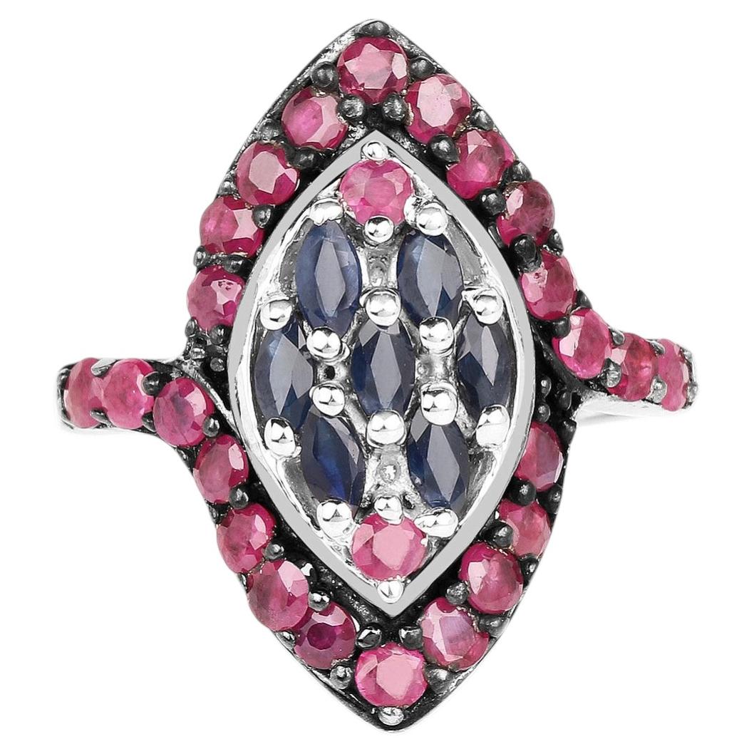 Anello con zaffiro blu e rubino da 1,74 carati, argento sterling in vendita