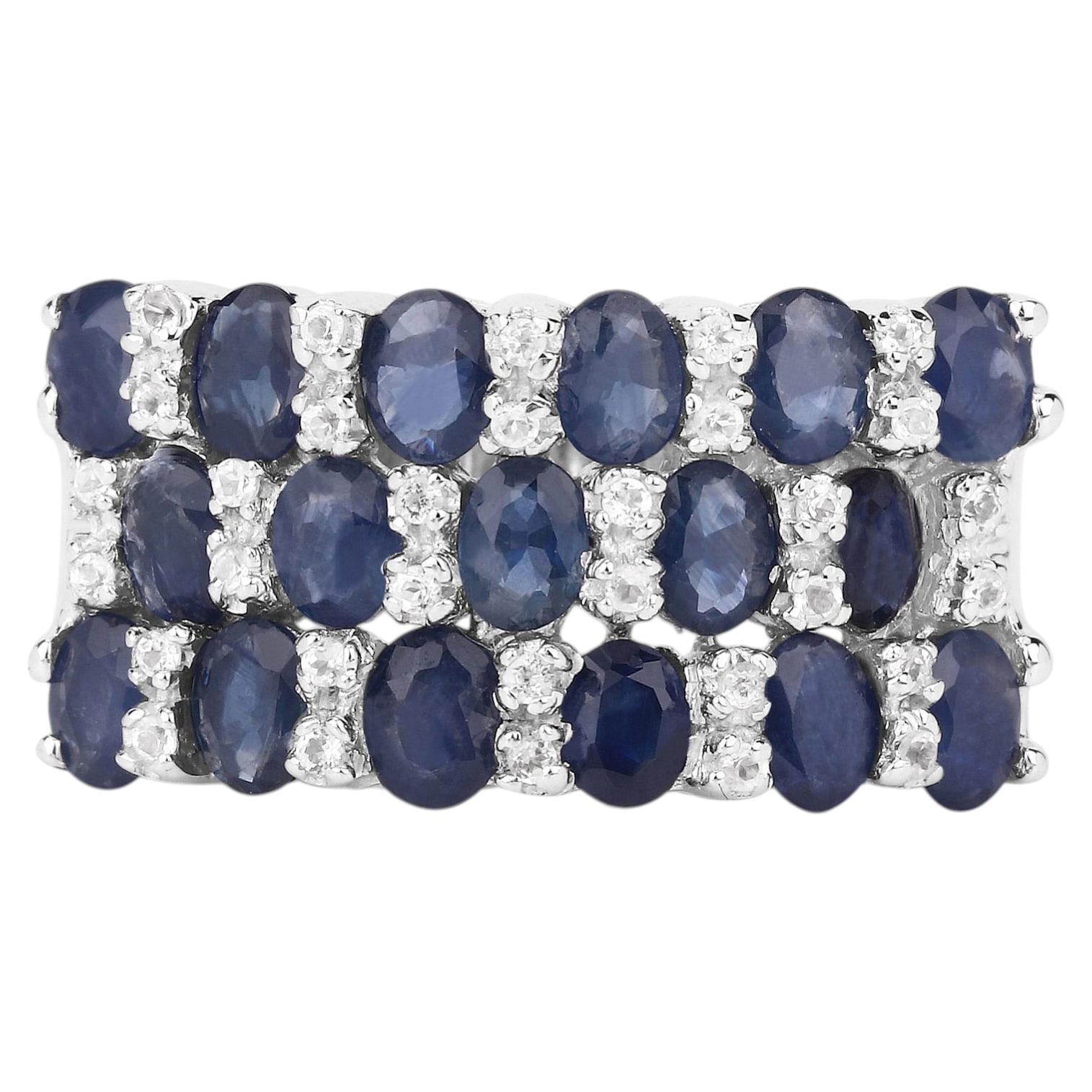 Blue Sapphire Ring With White Topaz 3.62 Carats Sterling Silver