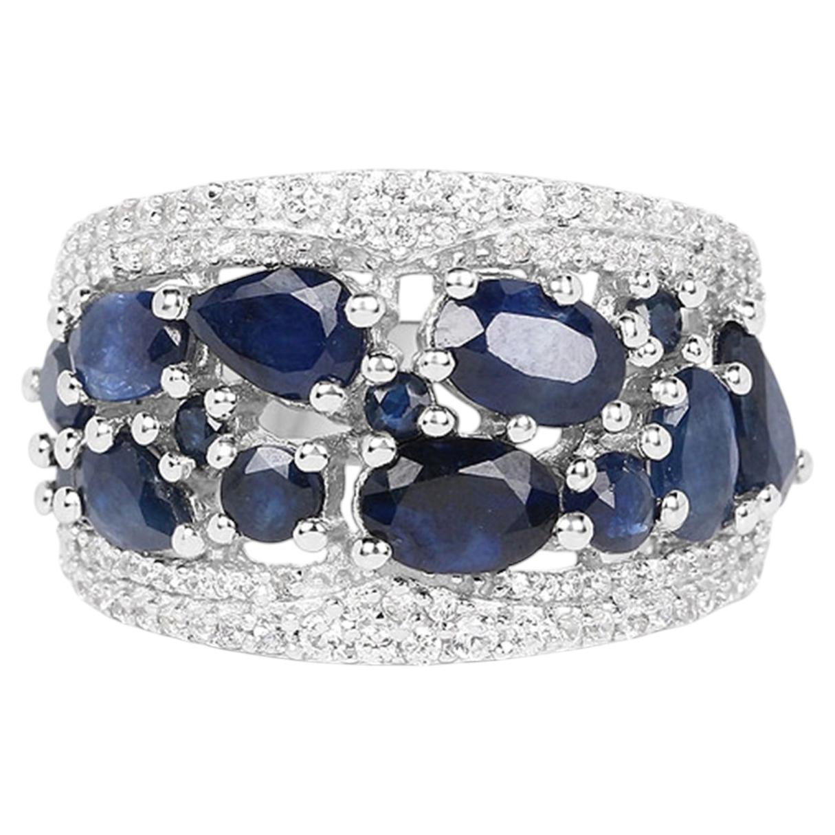 Blue Sapphire Ring With White Zircon 2.96 Carats Sterling Silver