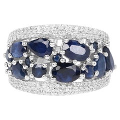 Blue Sapphire Ring With White Zircon 2.96 Carats Sterling Silver