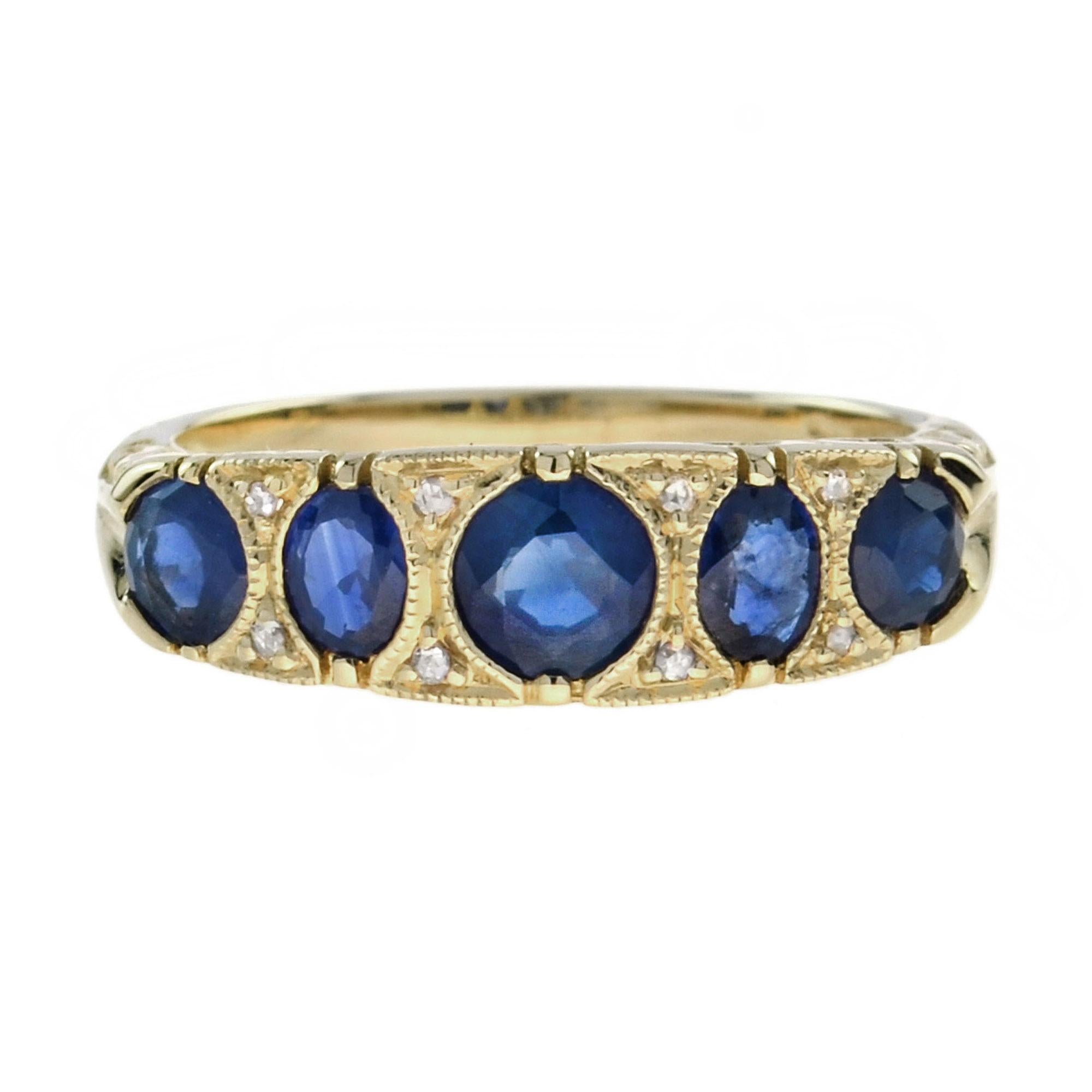 Englischer viktorianischer Fünf-Saphir-Ring aus 14 Karat Gelbgold