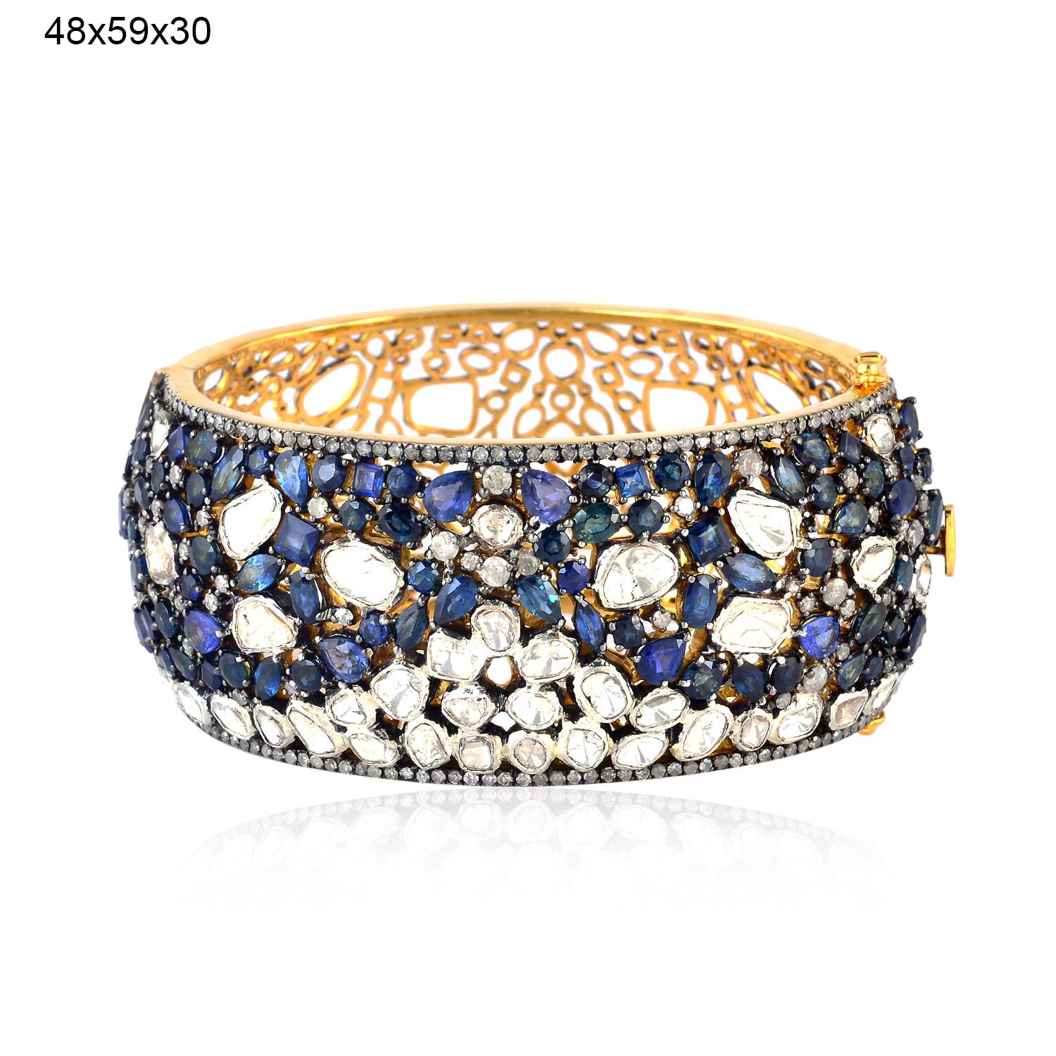 Artisan Blue Sapphire Rose Cut Diamond Bracelet Cuff For Sale