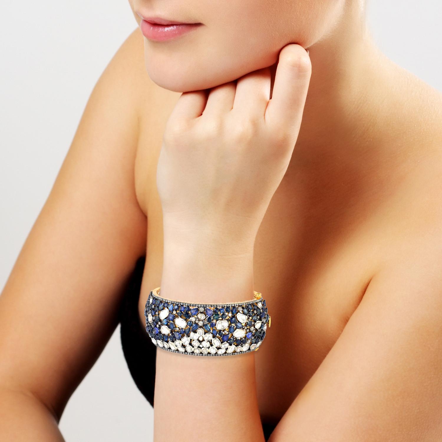 Blue Sapphire Rose Cut Diamond Bracelet Cuff In New Condition For Sale In Hoffman Estate, IL
