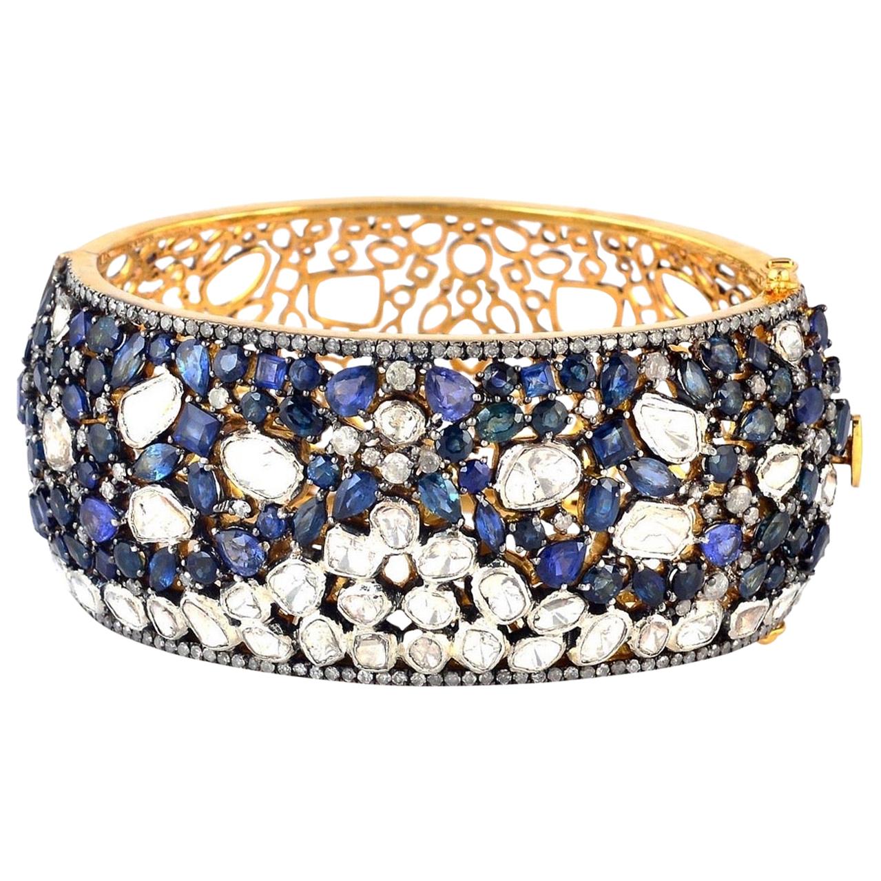 Blue Sapphire Rose Cut Diamond Bracelet Cuff For Sale