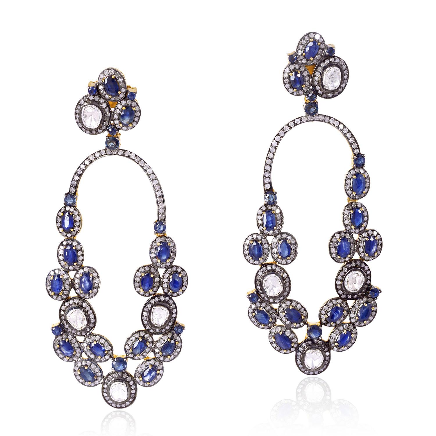 Blue Sapphire Rose Cut Diamond Earrings In New Condition For Sale In Hoffman Estate, IL
