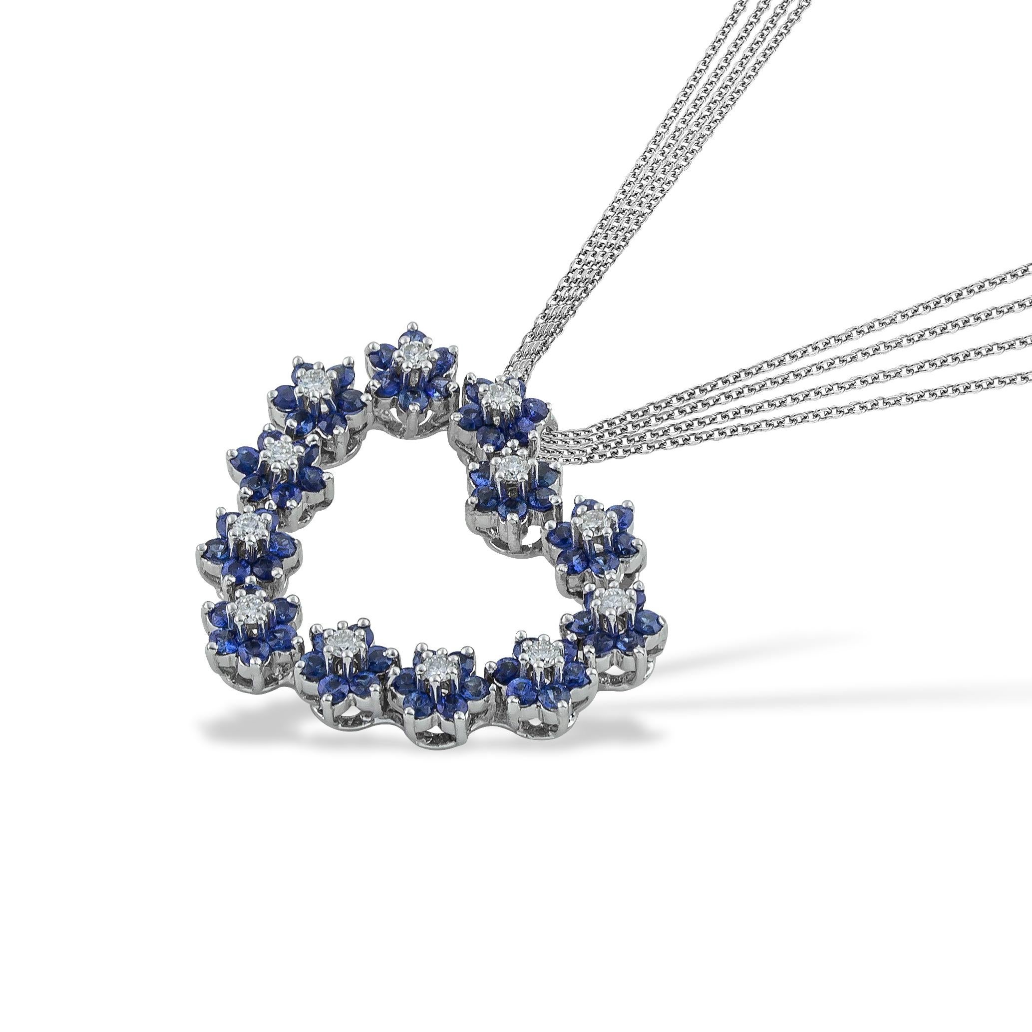 Halskette mit Herzanhänger aus blauem blauem Saphir und Rosette mit Diamant in 18kt Weißgold (Zeitgenössisch) im Angebot