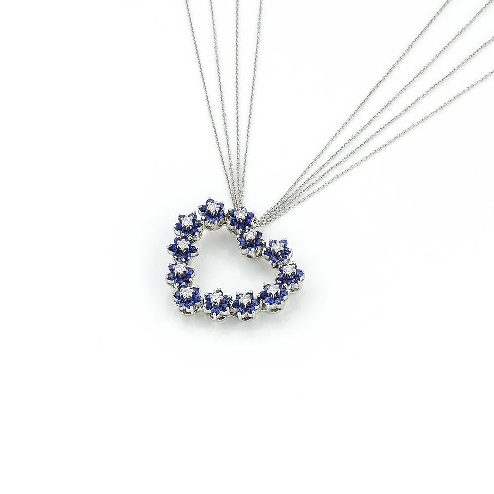 Blue Sapphire Rosette Heart Pendant Necklace with Diamond in 18kt White Gold For Sale 1