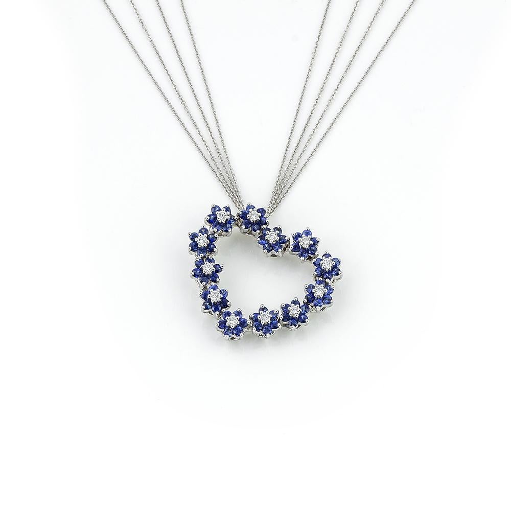 Halskette mit Herzanhänger aus blauem blauem Saphir und Rosette mit Diamant in 18kt Weißgold im Angebot 3