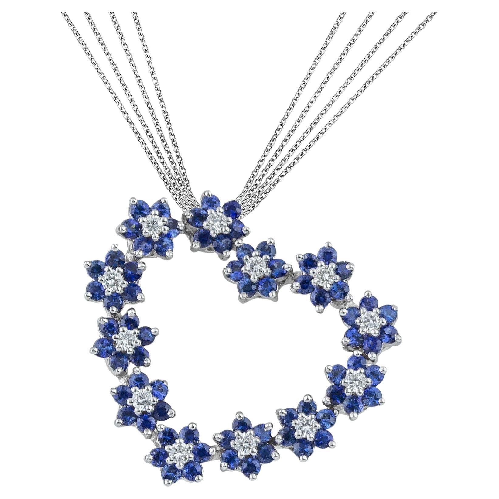 Blue Sapphire Rosette Heart Pendant Necklace with Diamond in 18kt White Gold For Sale