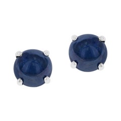 Blue Sapphire Round Cabochon Stud Earrings Made in 14 Karat White Gold